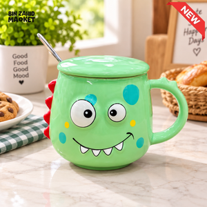 CUTE 3D MONSTER DINOSAUR MUG WITH LID & SPOON - GREEN
