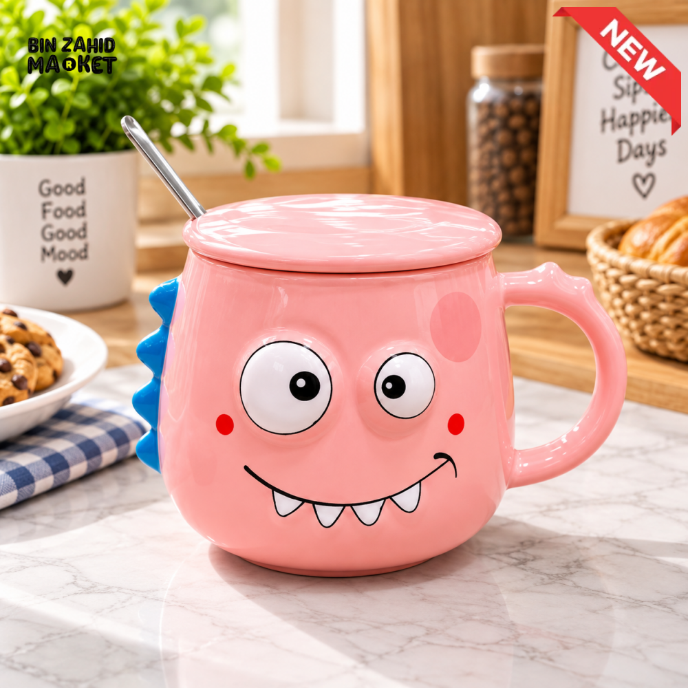 CUTE 3D MONSTER DINOSAUR MUG WITH LID & SPOON - PINK - Mugs