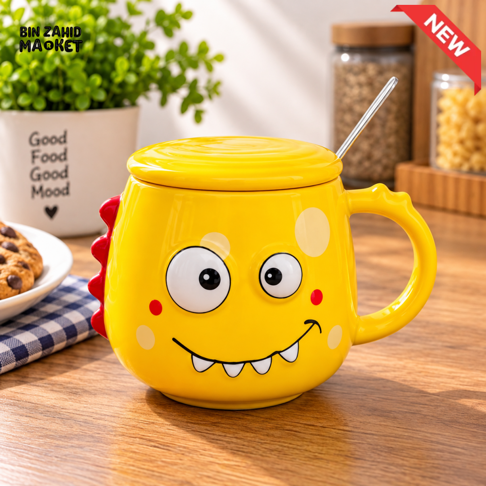 CUTE 3D MONSTER DINOSAUR MUG WITH LID & SPOON - YELLOW