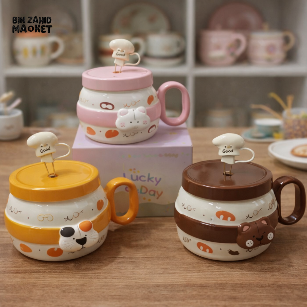 CUTE ANIMAL CERAMIC MUG WITH LID & SPOON – CARTOON COFFEE CUP