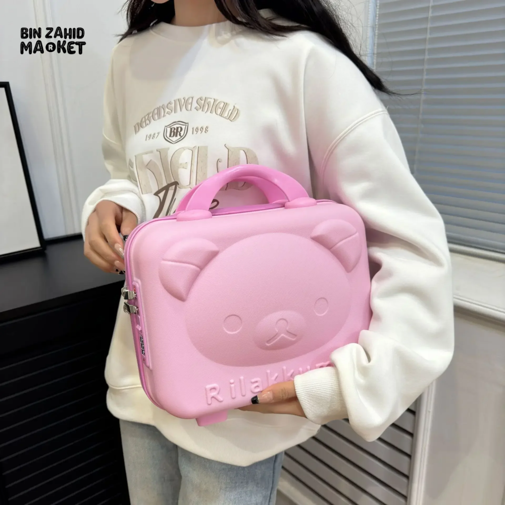 CUTE BEAR CARTOON PASSWORD BOX LARGE CAPACITY PORTABLE TRAVEL SUITCASE WOMEN'S HANGING BAG WITH HANDHELD LUGGAGE & ZIPPER CLOSURE