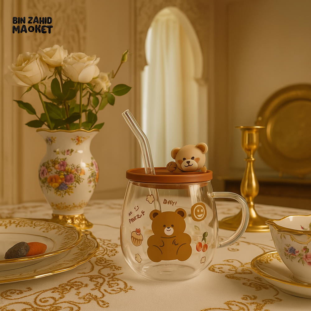 CUTE BEAR GLASS CUP WITH STRAW – TRANSPARENT MILK MUG FOR KIDS | LUXURY DINING TABLE DECOR GIFT ITEM