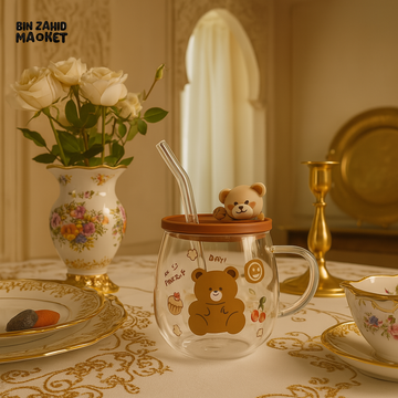 CUTE BEAR GLASS CUP WITH STRAW – TRANSPARENT MILK MUG FOR KIDS | LUXURY DINING TABLE DECOR GIFT ITEM