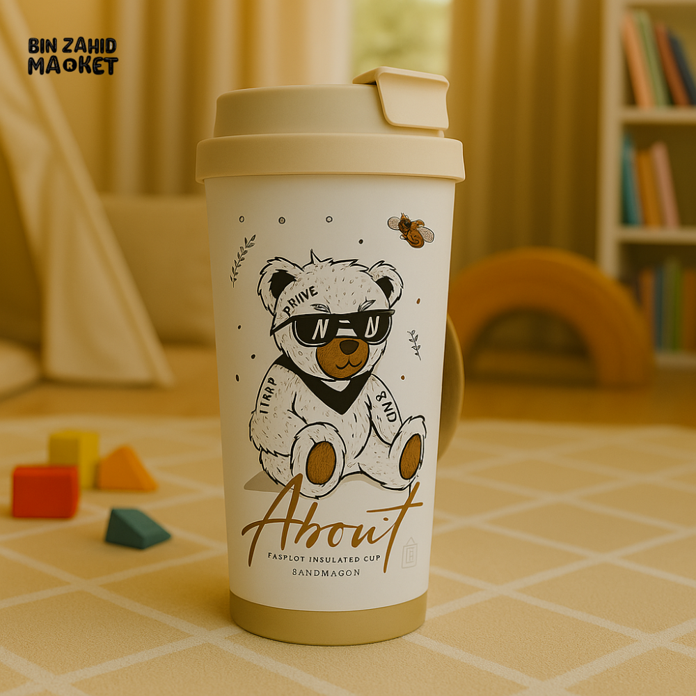 CUTE BEAR PRINT INSULATED TRAVEL TUMBLER – KIDS STYLE REUSABLE COFFEE CUP WITH LID