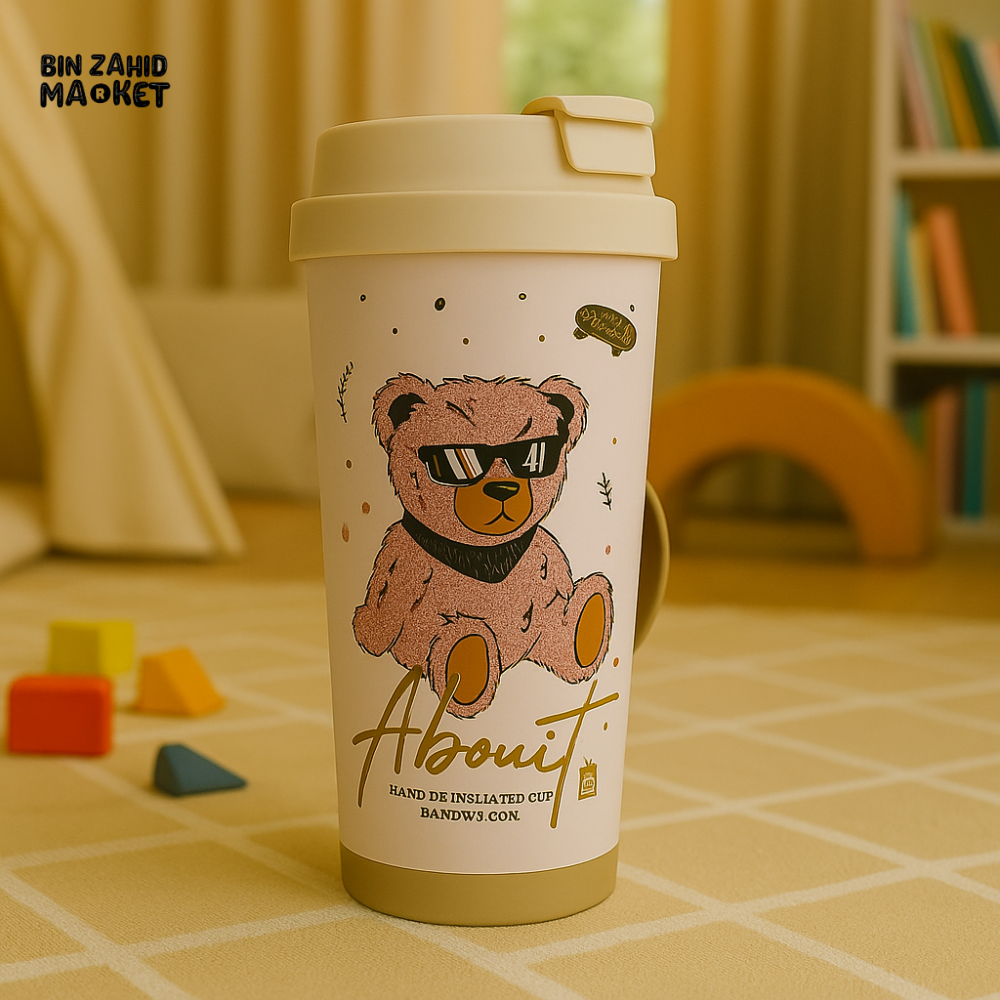 CUTE BEAR PRINT INSULATED TRAVEL TUMBLER – KIDS STYLE REUSABLE COFFEE CUP WITH LID