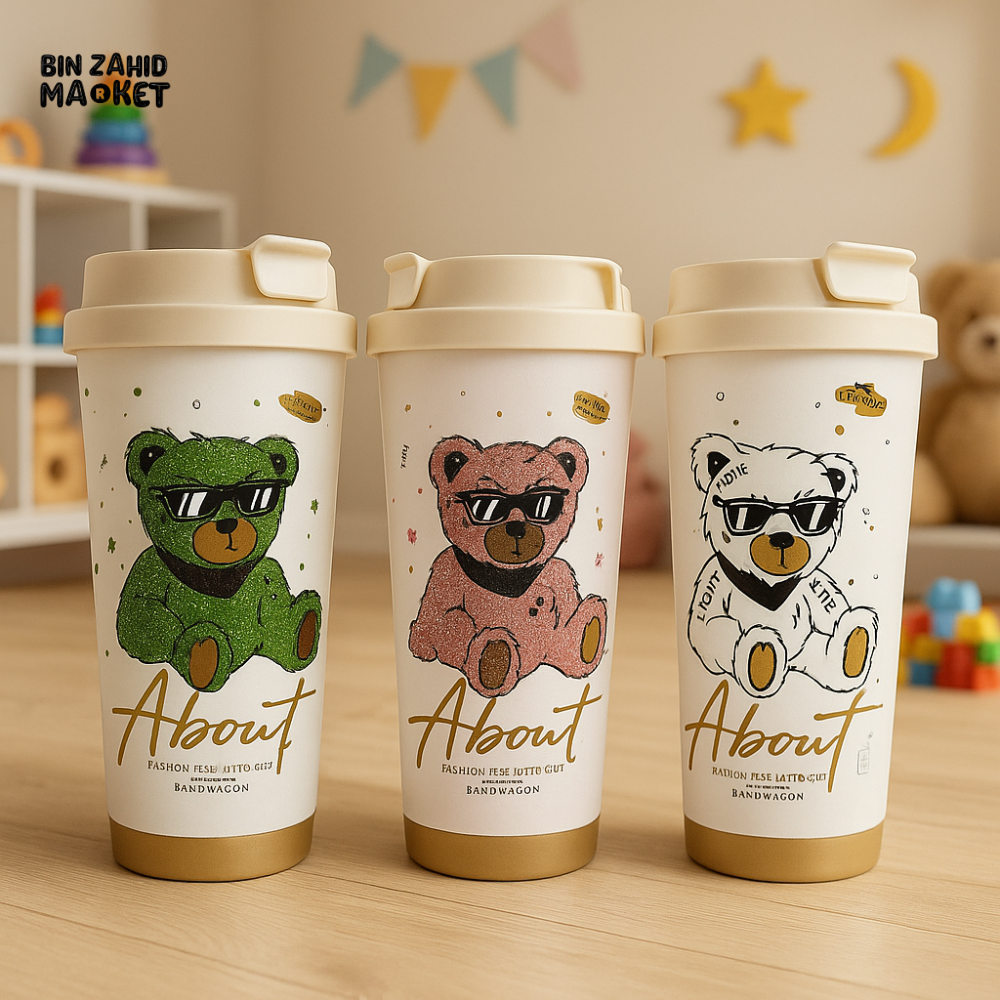 CUTE BEAR PRINT INSULATED TRAVEL TUMBLER – KIDS STYLE REUSABLE COFFEE CUP WITH LID