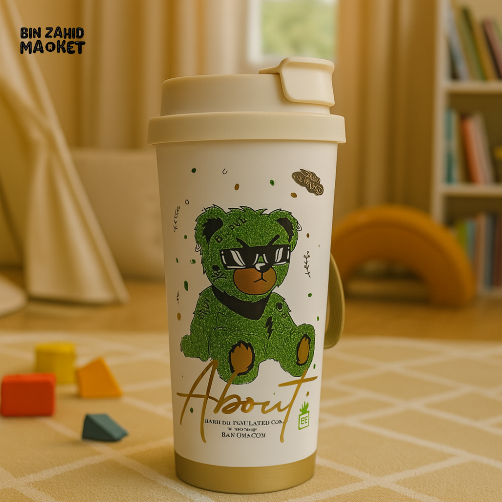 CUTE BEAR PRINT INSULATED TRAVEL TUMBLER – KIDS STYLE REUSABLE COFFEE CUP WITH LID