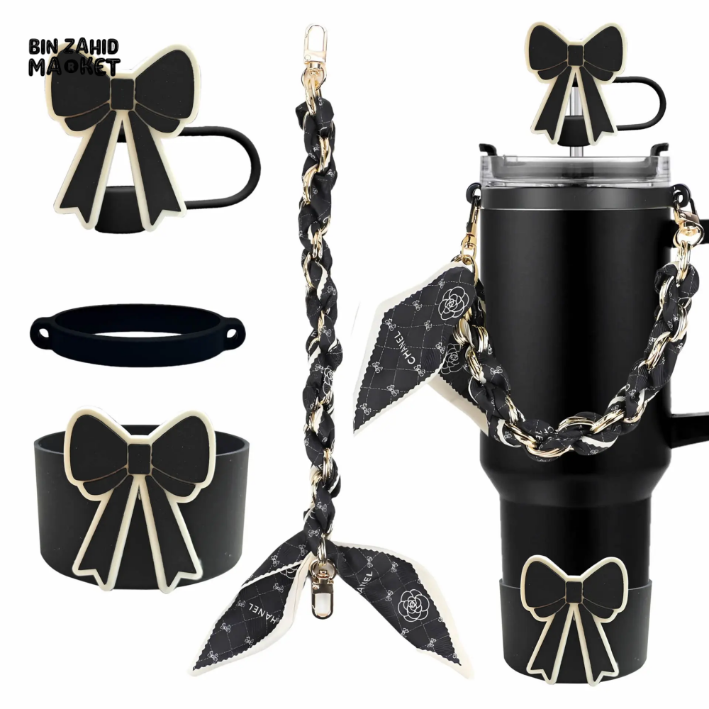 CUTE BOW THERMOS CUP ACCESSORY SET – STRAW COVER SILICONE BAND CHAIN & SCARF DECOR - BLACK
