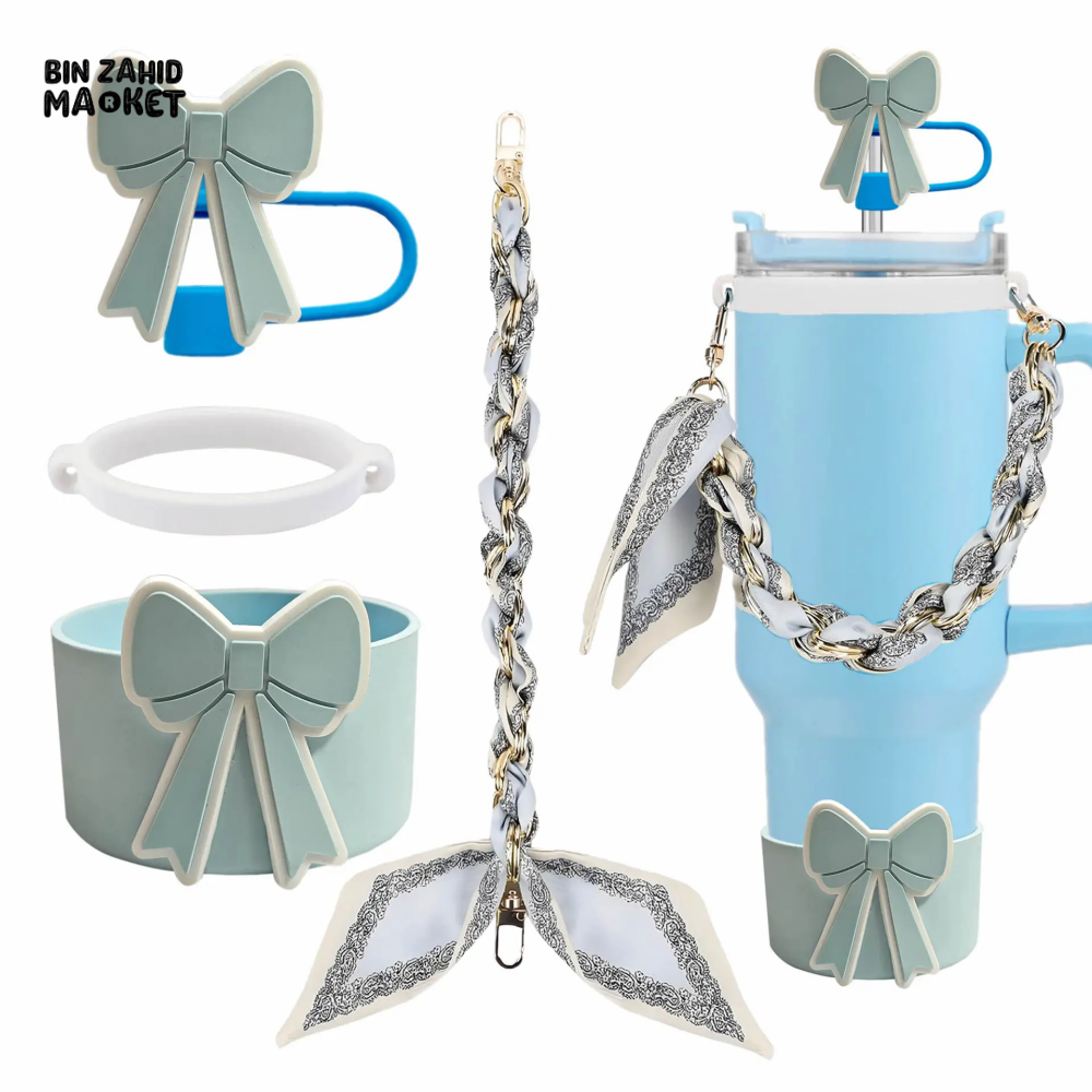 CUTE BOW THERMOS CUP ACCESSORY SET – STRAW COVER SILICONE BAND CHAIN & SCARF DECOR - BLUE