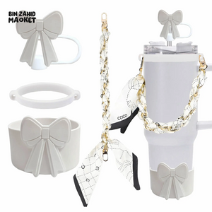 CUTE BOW THERMOS CUP ACCESSORY SET – STRAW COVER SILICONE BAND CHAIN & SCARF DECOR - OFFWHITE