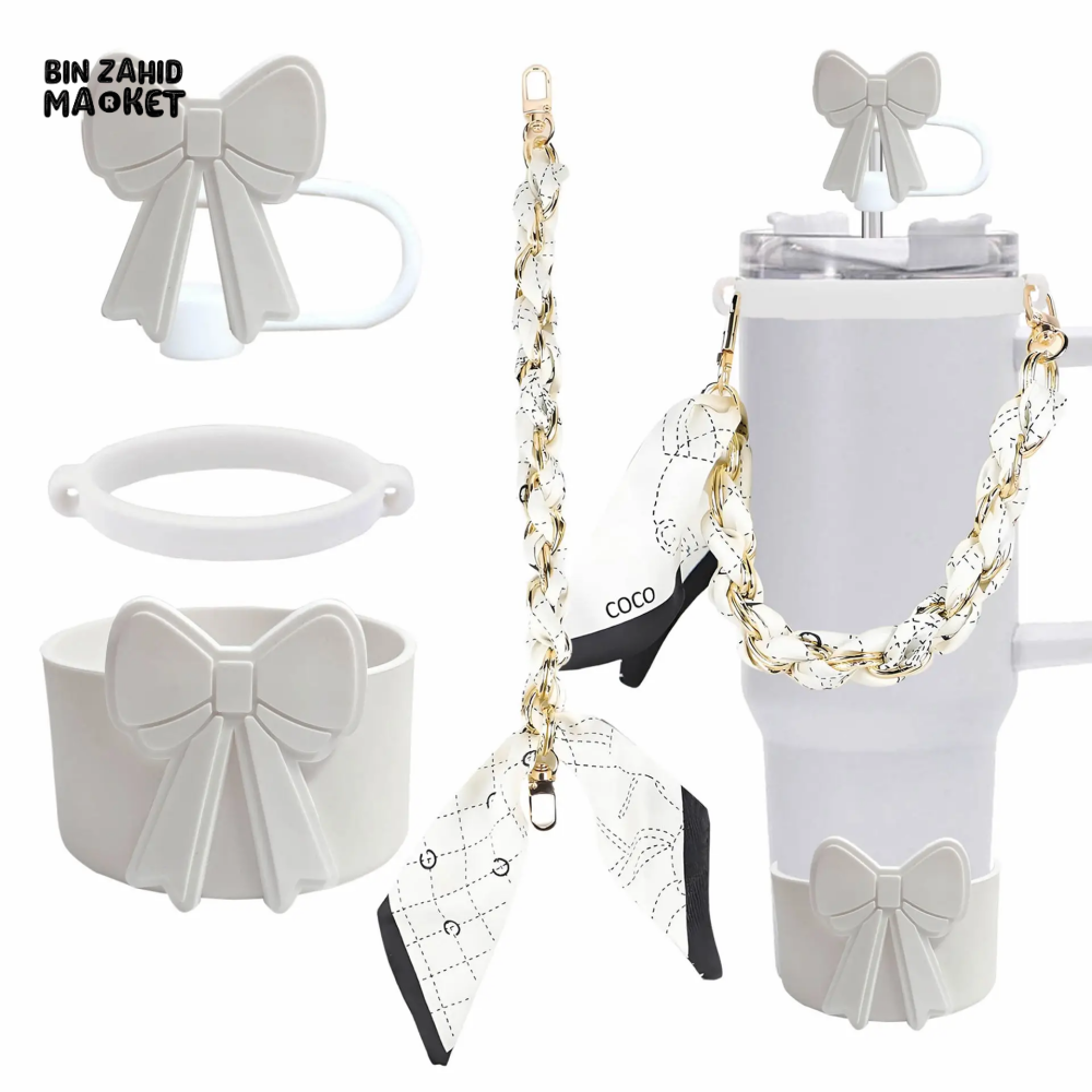 CUTE BOW THERMOS CUP ACCESSORY SET – STRAW COVER SILICONE BAND CHAIN & SCARF DECOR - OFFWHITE