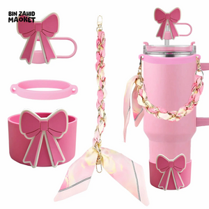 CUTE BOW THERMOS CUP ACCESSORY SET – STRAW COVER SILICONE BAND CHAIN & SCARF DECOR - PINK