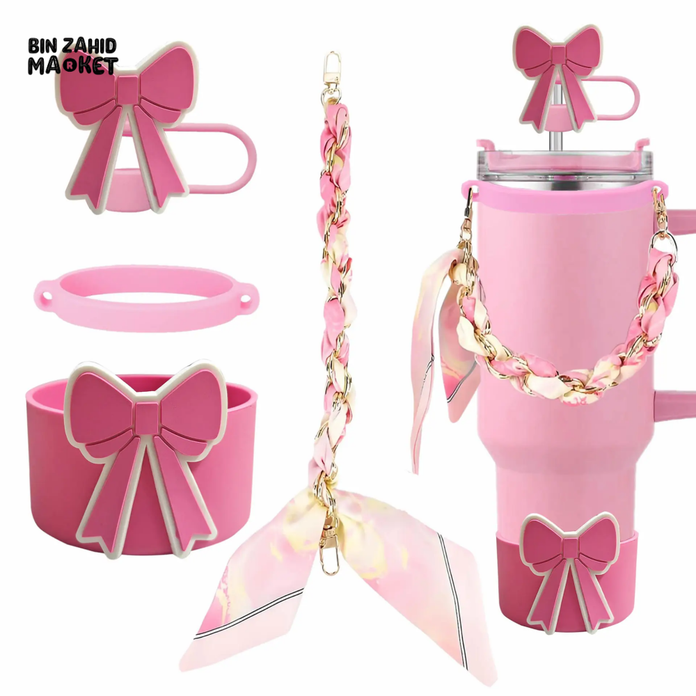 CUTE BOW THERMOS CUP ACCESSORY SET – STRAW COVER SILICONE BAND CHAIN & SCARF DECOR - PINK