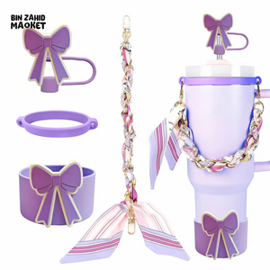 CUTE BOW THERMOS CUP ACCESSORY SET – STRAW COVER SILICONE BAND CHAIN & SCARF DECOR - PURPLE