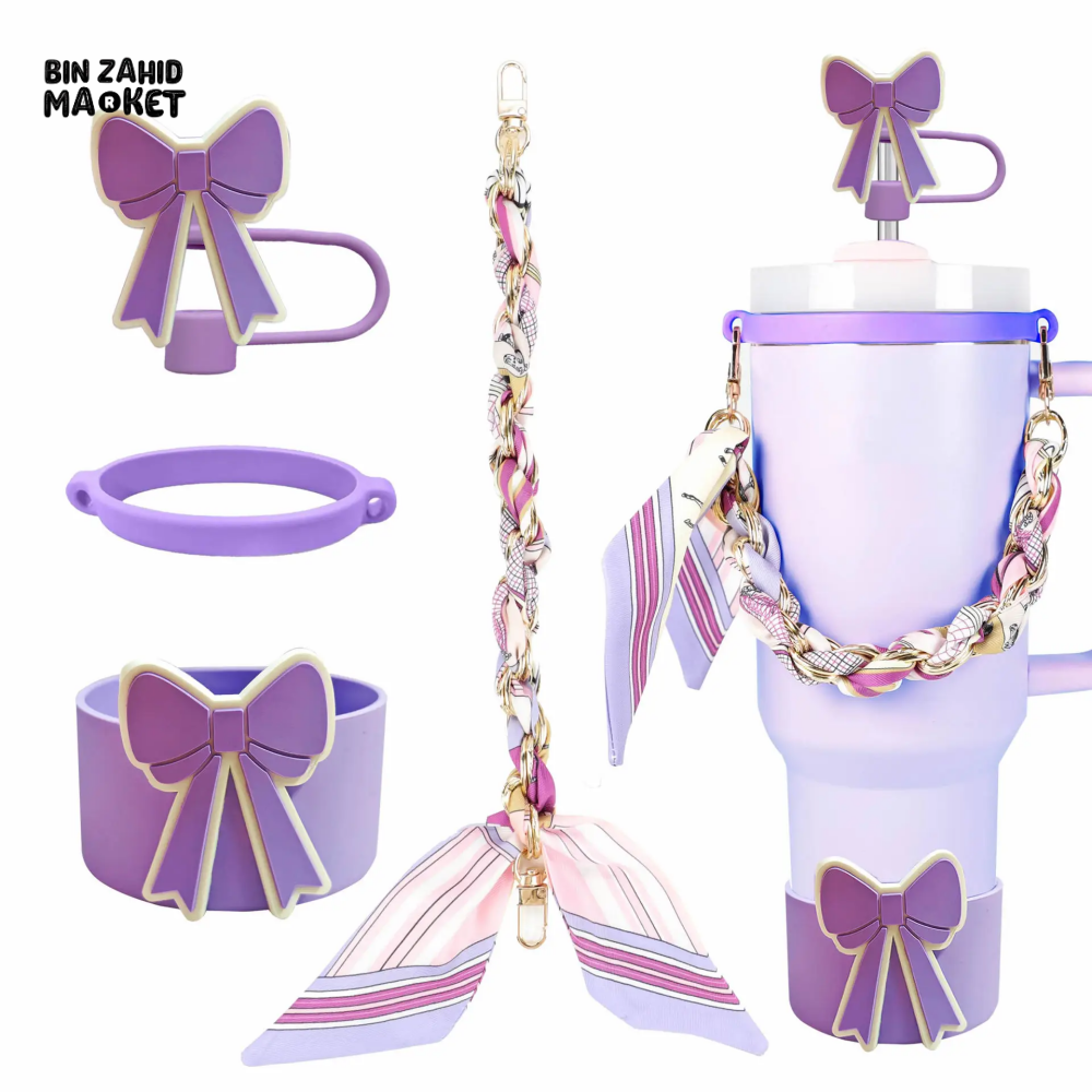 CUTE BOW THERMOS CUP ACCESSORY SET – STRAW COVER SILICONE BAND CHAIN & SCARF DECOR - PURPLE
