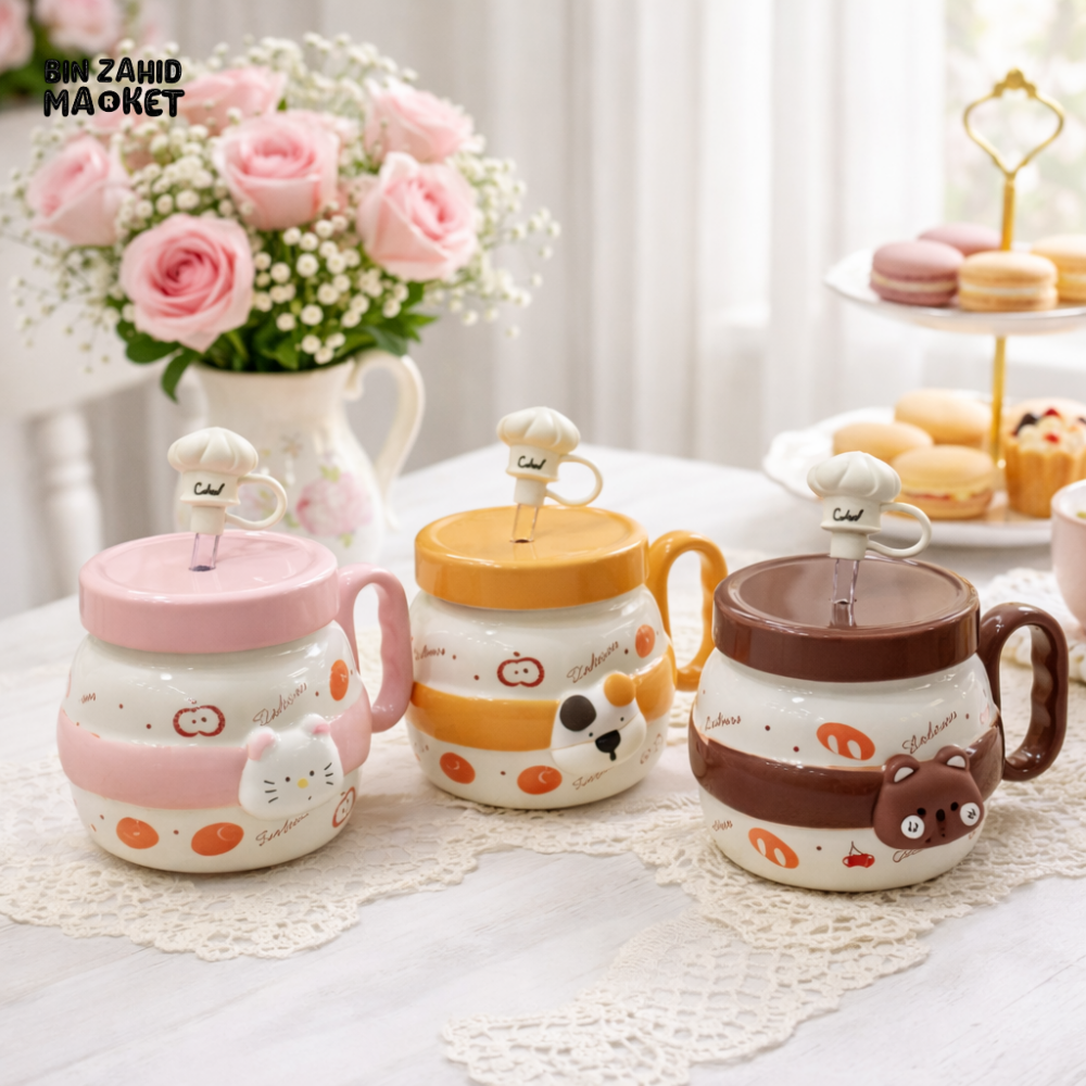 CUTE CARTOON CERAMIC MUG SET WITH LID & SPOON – PERFECT GIFT FOR KIDS