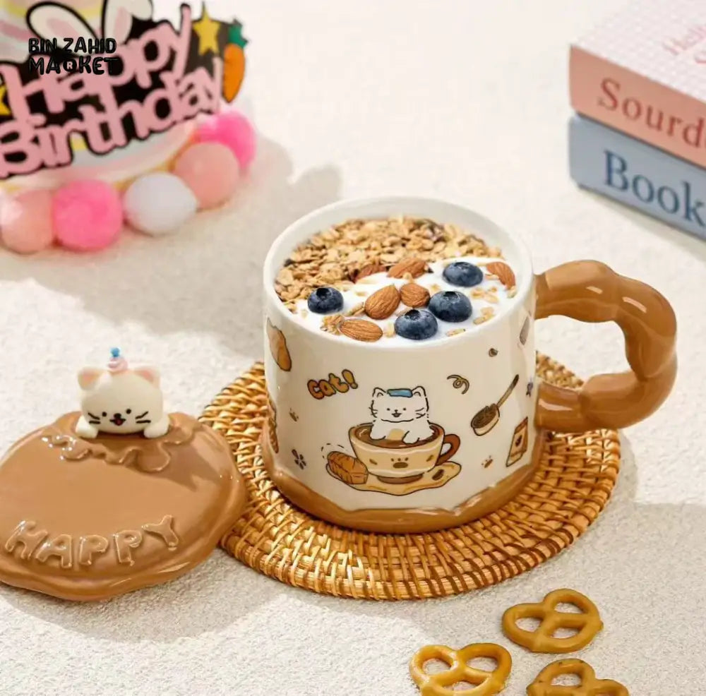 CUTE CARTOON CERAMIC MUG WITH LID & SPOON – PREMIUM GIFT CUP