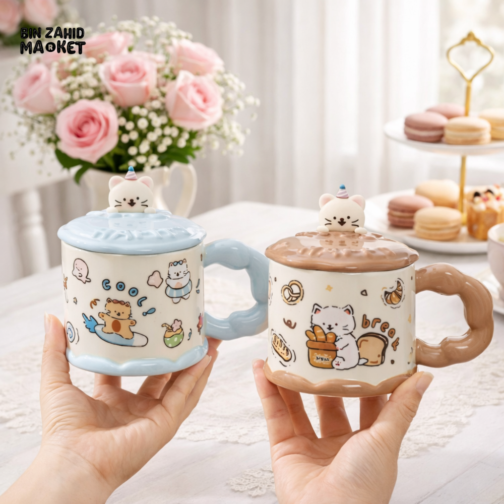 CUTE CARTOON CERAMIC MUG WITH LID & SPOON – PREMIUM GIFT CUP