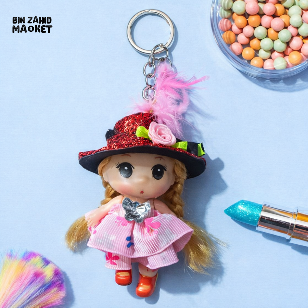 CUTE DOLL KEYCHAIN WITH GLITTER HAT & FEATHER - Key Holders