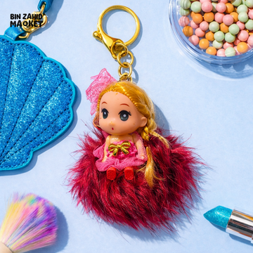 CUTE DOLL POM POM KEYCHAIN WITH BRAIDED HAIR – KAWAII BAG CHARM & CAR KEYRING FOR GIRLS PURSE BACKPACK & GIFT - Key