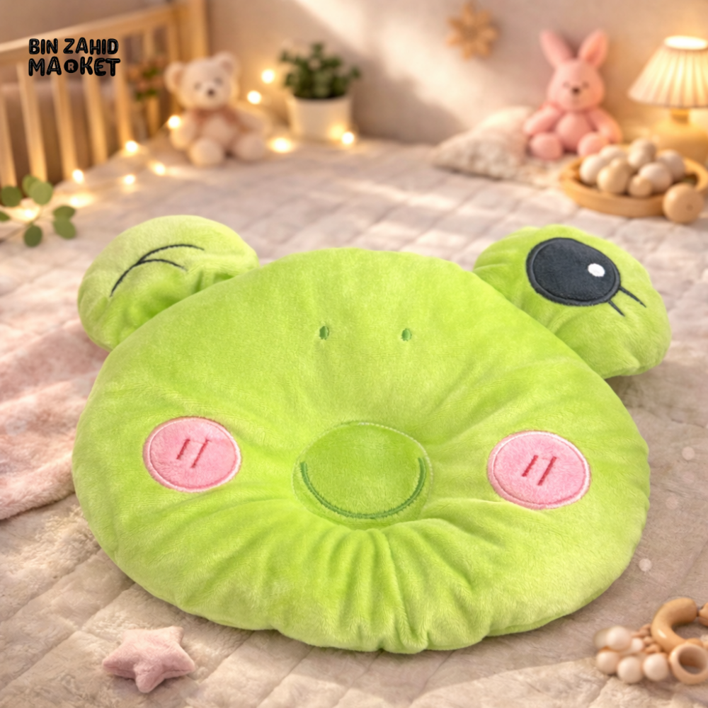 CUTE GREEN FROG BABY HEAD SHAPING PILLOW – SOFT NEWBORN SUPPORT CUSHION