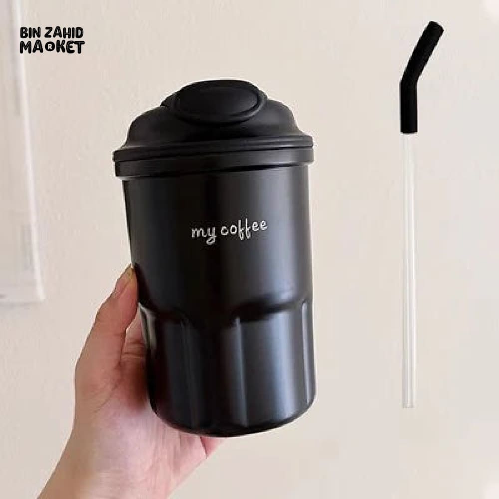 600ml Cute Korean Coffee Cup Thermos With Straw Black