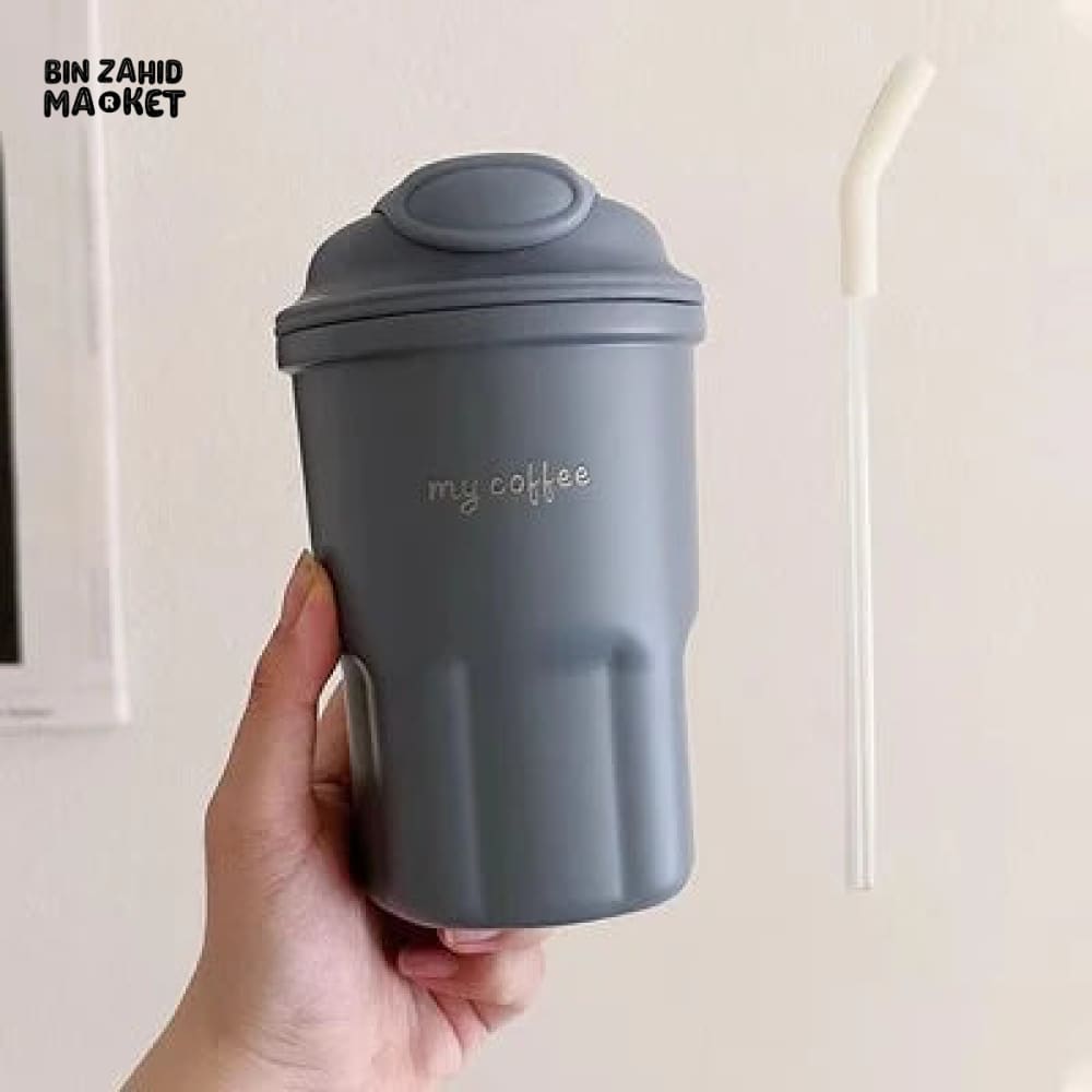 600ml Cute Korean Coffee Cup Thermos With Straw Blue
