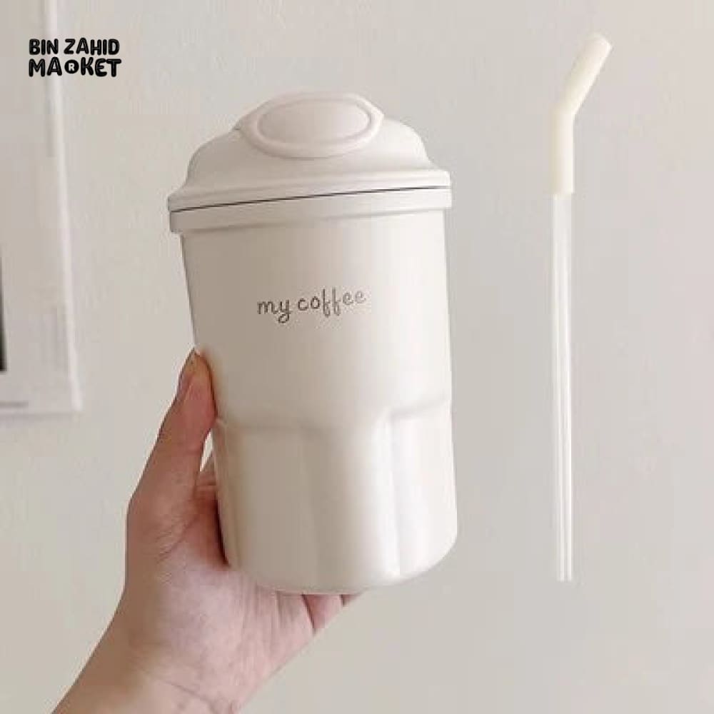 600ml Cute Korean Coffee Cup Thermos With Straw White