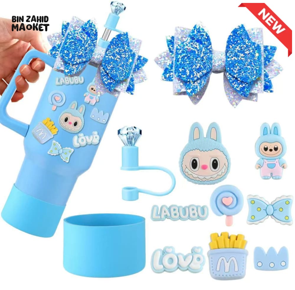 CUTE LABUBU TUMBLER ACCESSORY SET – DECORATIVE STRAW COVER CHARMS BOWS & PROTECTIVE BASE FOR WATER BOTTLES & CUPS BLUE