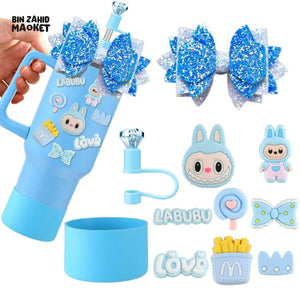 CUTE LABUBU TUMBLER ACCESSORY SET – DECORATIVE STRAW COVER CHARMS BOWS & PROTECTIVE BASE FOR WATER BOTTLES & CUPS BLUE