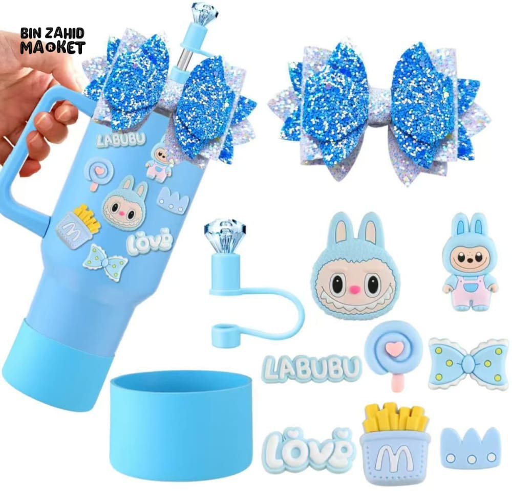 CUTE LABUBU TUMBLER ACCESSORY SET – DECORATIVE STRAW COVER CHARMS BOWS & PROTECTIVE BASE FOR WATER BOTTLES & CUPS BLUE
