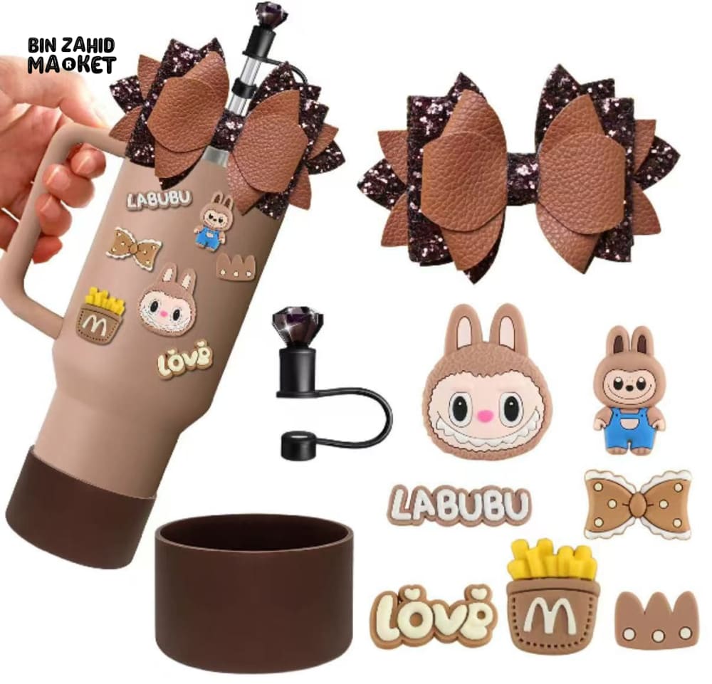 CUTE LABUBU TUMBLER ACCESSORY SET – DECORATIVE STRAW COVER CHARMS BOWS & PROTECTIVE BASE FOR WATER BOTTLES & CUPS BROWN