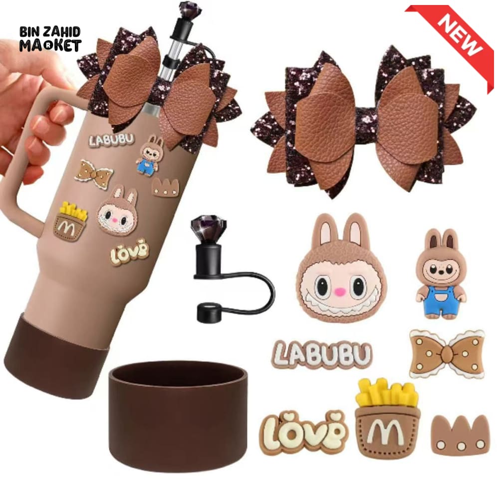 CUTE LABUBU TUMBLER ACCESSORY SET – DECORATIVE STRAW COVER CHARMS BOWS & PROTECTIVE BASE FOR WATER BOTTLES & CUPS BROWN