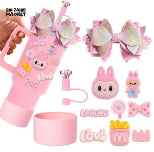 CUTE LABUBU TUMBLER ACCESSORY SET – DECORATIVE STRAW COVER CHARMS BOWS & PROTECTIVE BASE FOR WATER BOTTLES & CUPS PINK