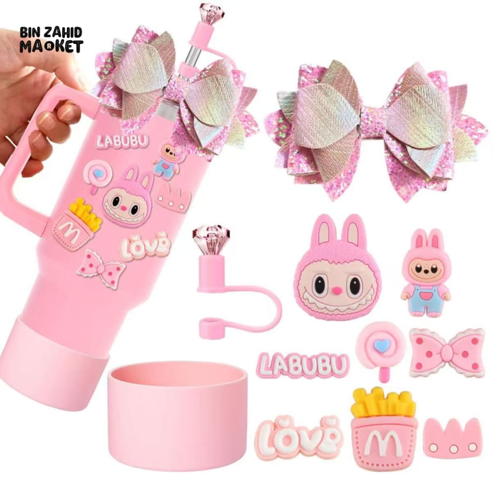 CUTE LABUBU TUMBLER ACCESSORY SET – DECORATIVE STRAW COVER CHARMS BOWS & PROTECTIVE BASE FOR WATER BOTTLES & CUPS PINK