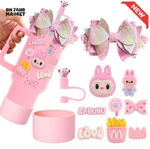 CUTE LABUBU TUMBLER ACCESSORY SET – DECORATIVE STRAW COVER CHARMS BOWS & PROTECTIVE BASE FOR WATER BOTTLES & CUPS PINK