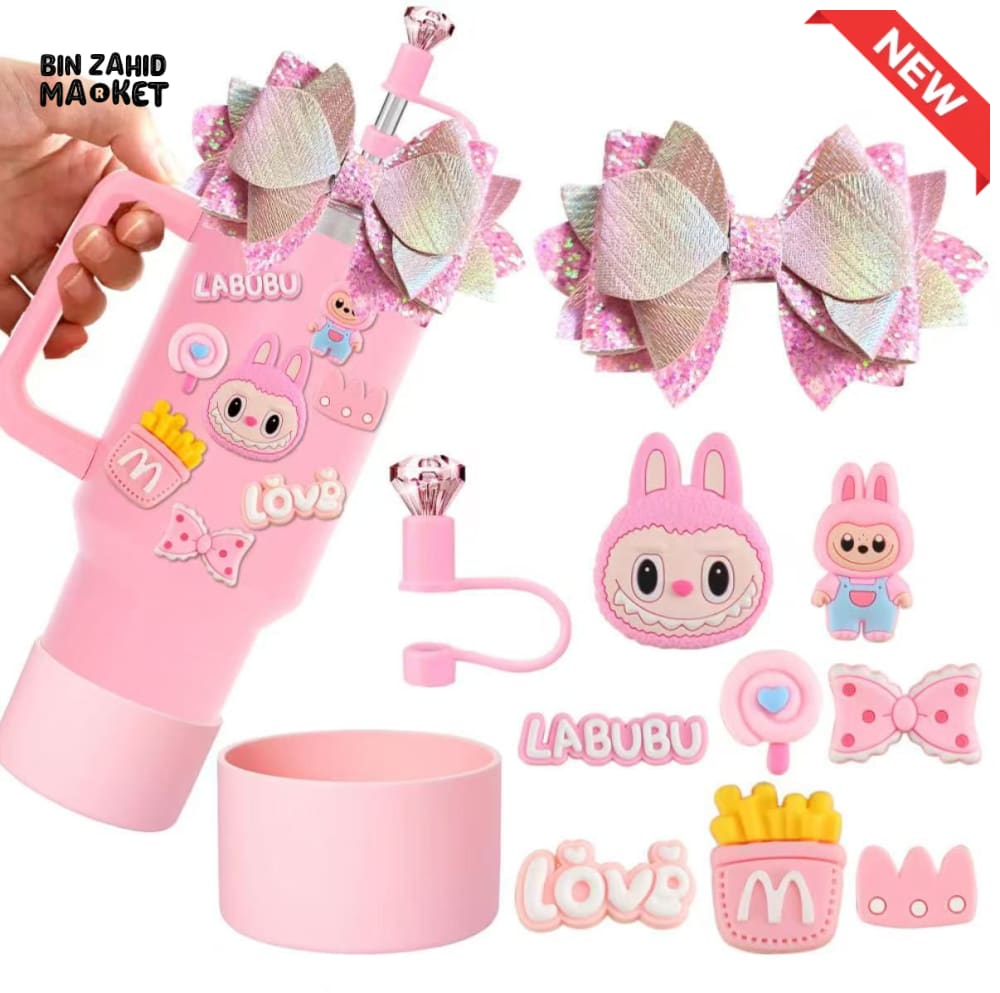 CUTE LABUBU TUMBLER ACCESSORY SET – DECORATIVE STRAW COVER CHARMS BOWS & PROTECTIVE BASE FOR WATER BOTTLES & CUPS PINK
