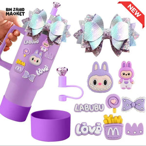 CUTE LABUBU TUMBLER ACCESSORY SET – DECORATIVE STRAW COVER CHARMS BOWS & PROTECTIVE BASE FOR WATER BOTTLES & CUPS PURPLE
