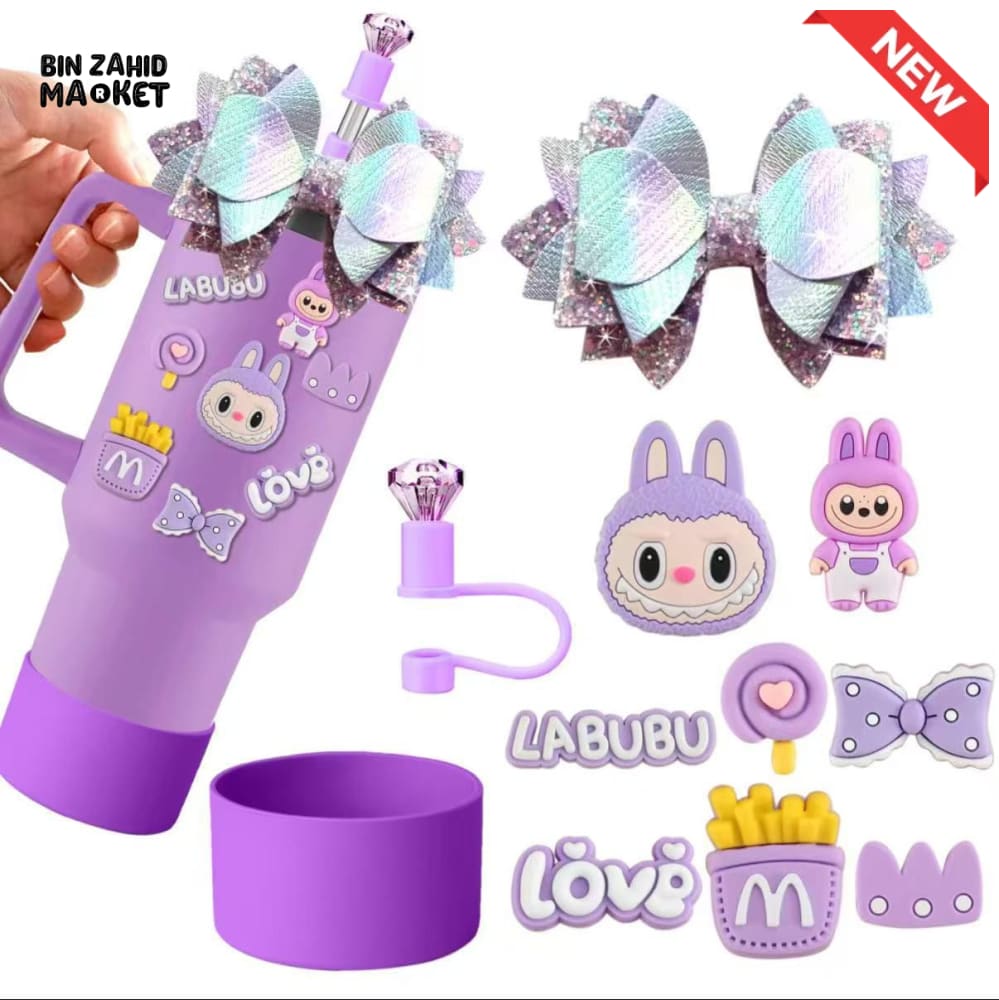 CUTE LABUBU TUMBLER ACCESSORY SET – DECORATIVE STRAW COVER CHARMS BOWS & PROTECTIVE BASE FOR WATER BOTTLES & CUPS PURPLE