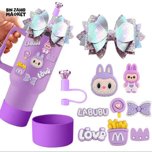 CUTE LABUBU TUMBLER ACCESSORY SET – DECORATIVE STRAW COVER CHARMS BOWS & PROTECTIVE BASE FOR WATER BOTTLES & CUPS PURPLE