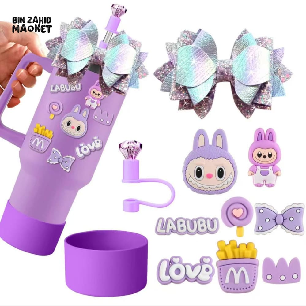 CUTE LABUBU TUMBLER ACCESSORY SET – DECORATIVE STRAW COVER CHARMS BOWS & PROTECTIVE BASE FOR WATER BOTTLES & CUPS PURPLE