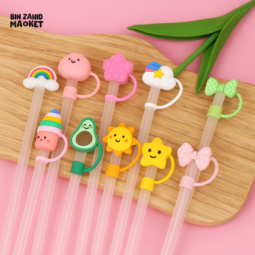 CUTE SILICONE STRAW COVERS WITH STRAWS – REUSABLE CARTOON DRINK STRAW TOPPERS AND DECORATIVE CHARMS FOR CUPS & TUMBLERS