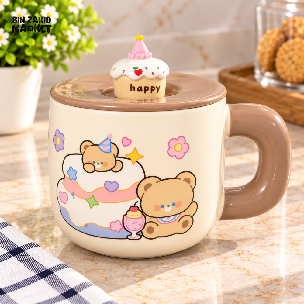 CUTE TEDDY BEAR CERAMIC MUG WITH DECORATIVE LID - Mugs
