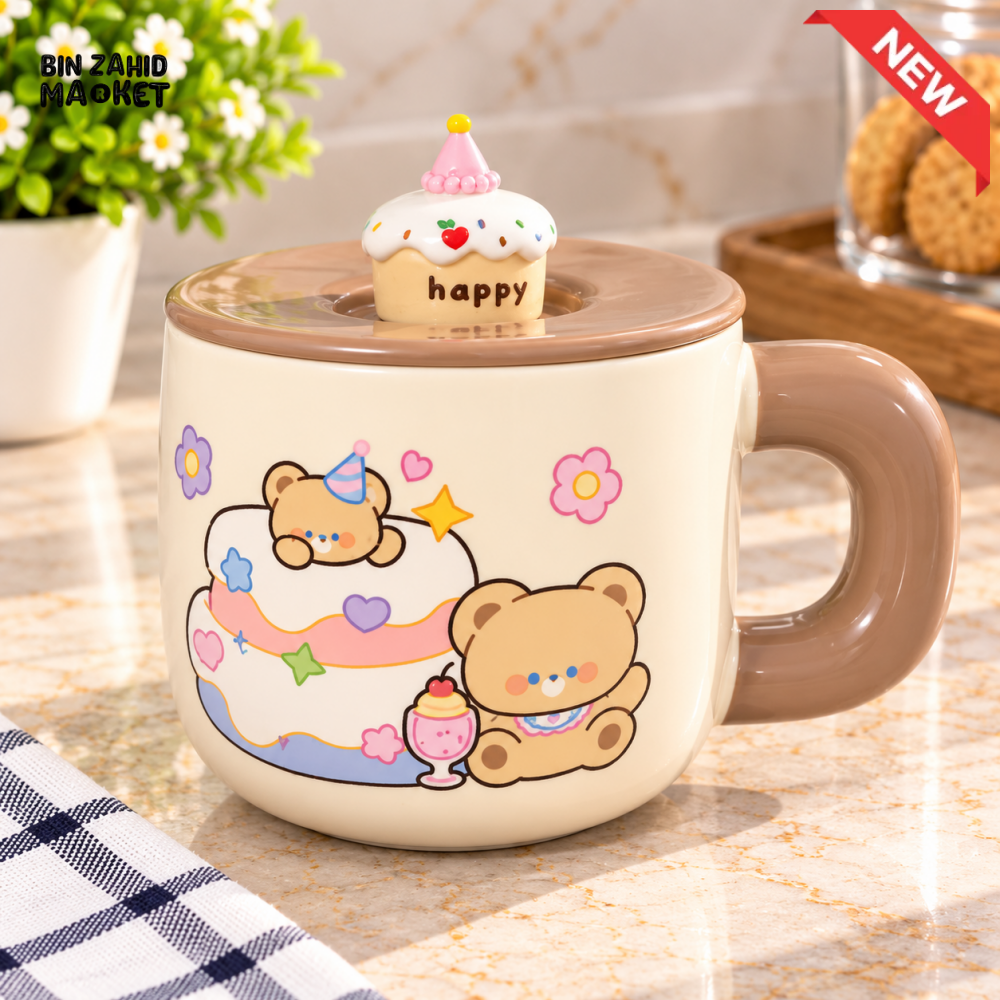 CUTE TEDDY BEAR CERAMIC MUG WITH DECORATIVE LID - Mugs