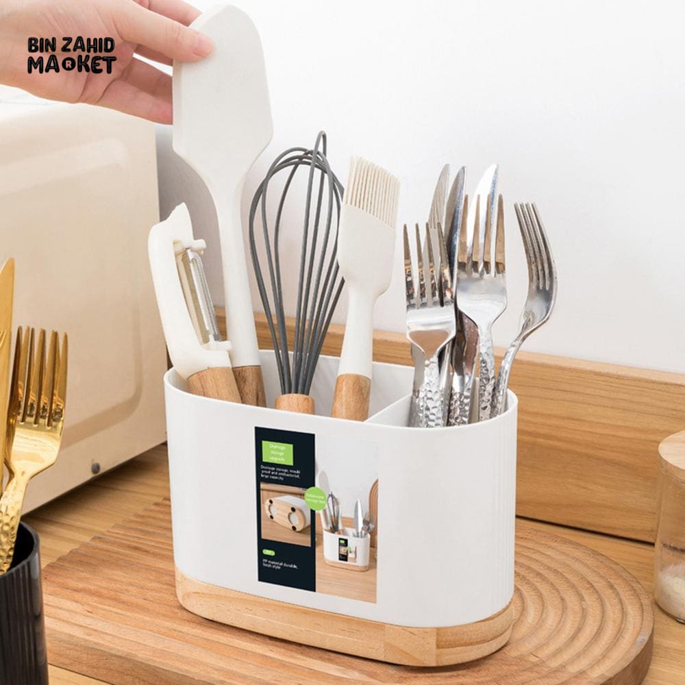 CUTLERY CONTAINER WITH WOODEN BASE – CHOPSTICK HOLDER UTENSIL STORAGE RACK AND DRAINING BOARD FOR KITCHEN
