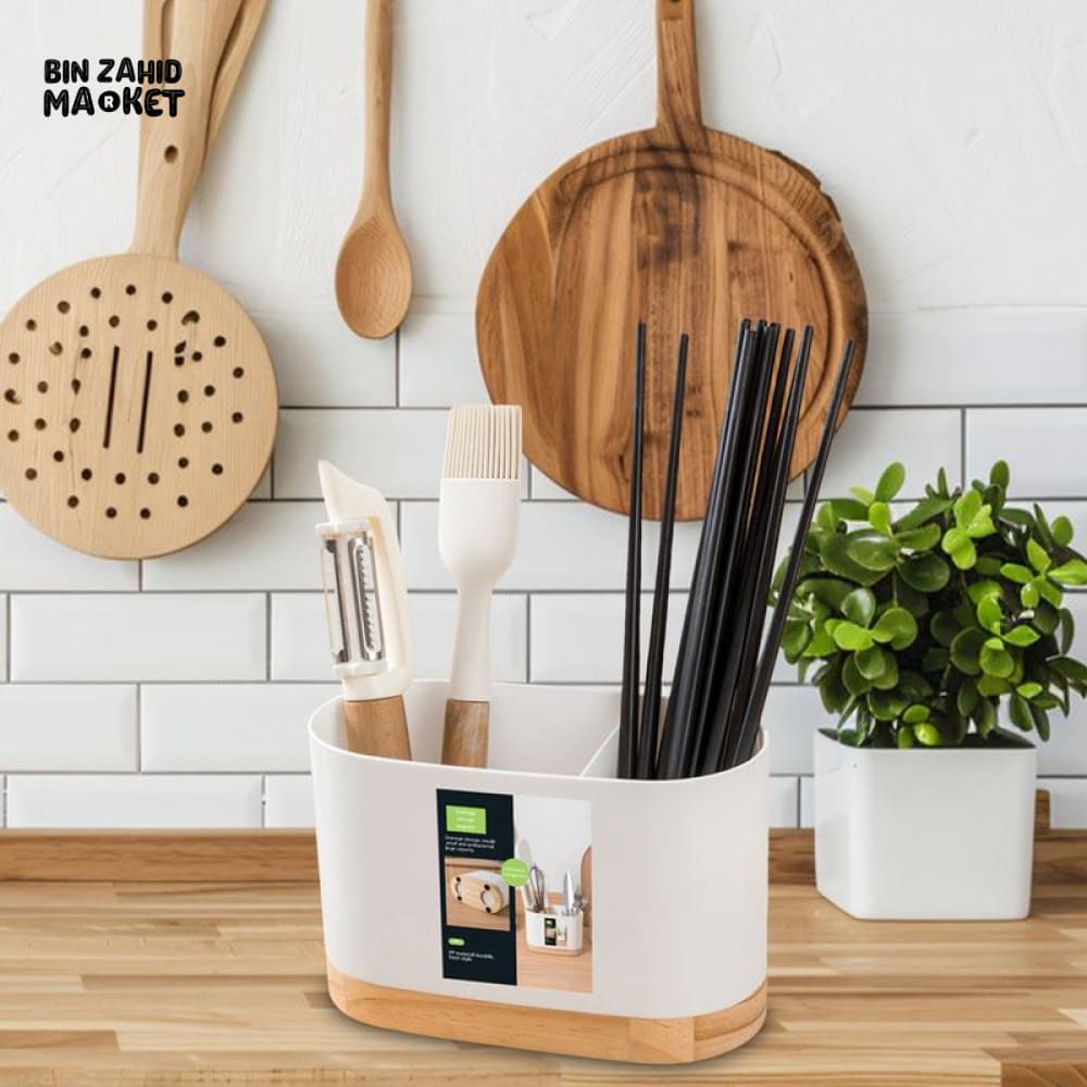CUTLERY CONTAINER WITH WOODEN BASE – CHOPSTICK HOLDER UTENSIL STORAGE RACK AND DRAINING BOARD FOR KITCHEN