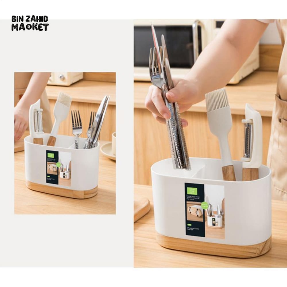 CUTLERY CONTAINER WITH WOODEN BASE – CHOPSTICK HOLDER UTENSIL STORAGE RACK AND DRAINING BOARD FOR KITCHEN