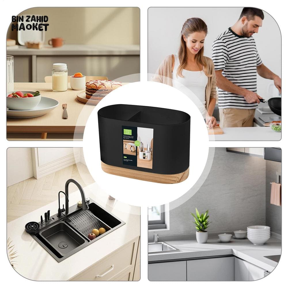 CUTLERY CONTAINER WITH WOODEN BASE – CHOPSTICK HOLDER UTENSIL STORAGE RACK AND DRAINING BOARD FOR KITCHEN