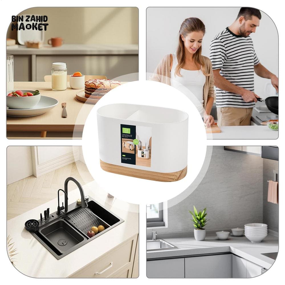 CUTLERY CONTAINER WITH WOODEN BASE – CHOPSTICK HOLDER UTENSIL STORAGE RACK AND DRAINING BOARD FOR KITCHEN