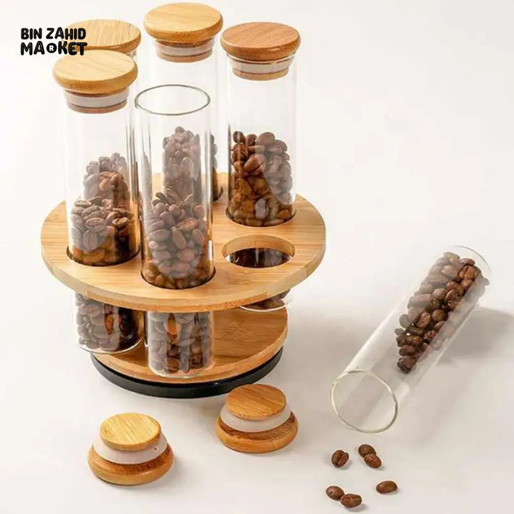 CYLINDER SHAPE GLASS JARS WITH WOODEN STANDTRANSPARENT STORAGE CONTAINERS FOR KITCHEN & PANTRY ORGANIZATION